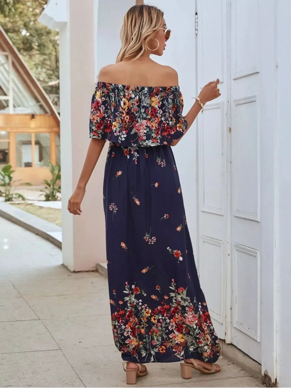 Navy Floral Off-Shoulder Maxi Dress - Picture 2 of 3
